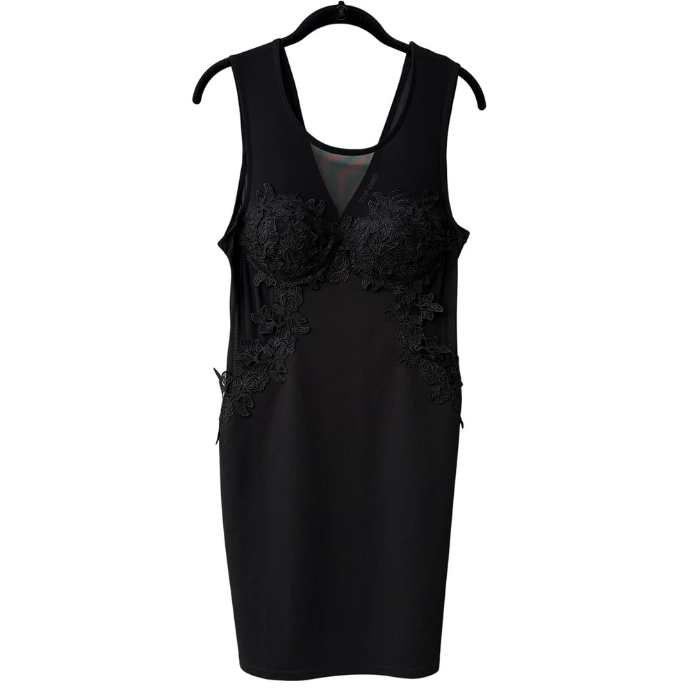 TopChic Women Lace Applique Mesh Panel Dress Size Large Black V-Neck Bodycon LBD